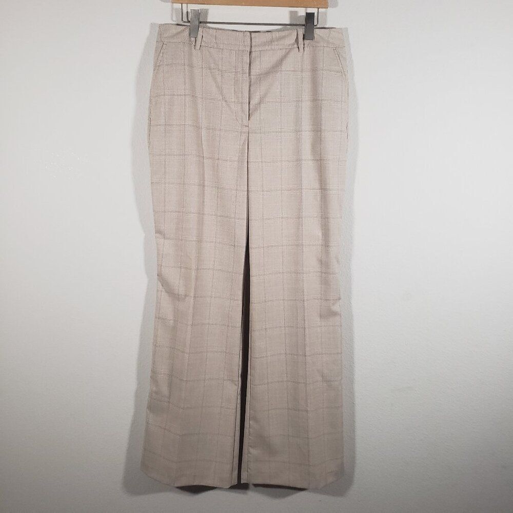 Worthington Women's Trousers 14 Cream Plaid High Rise Wide Leg Office Business